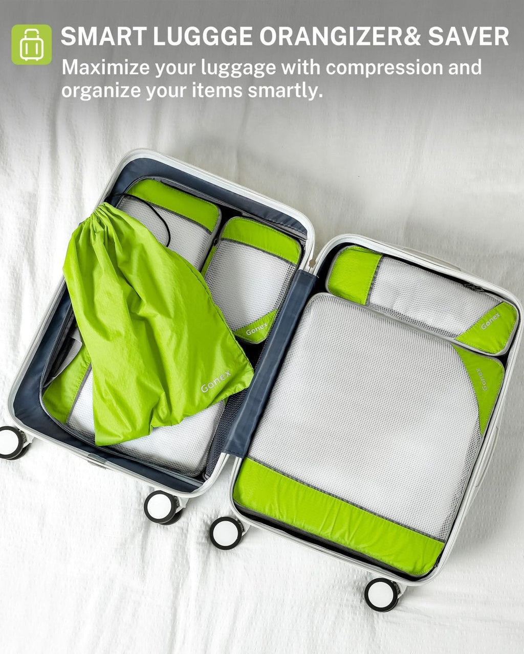 Gonex Compression Packing Cubes Mesh Organizers L+M+S+XS+Slim+Laundry Bag Green