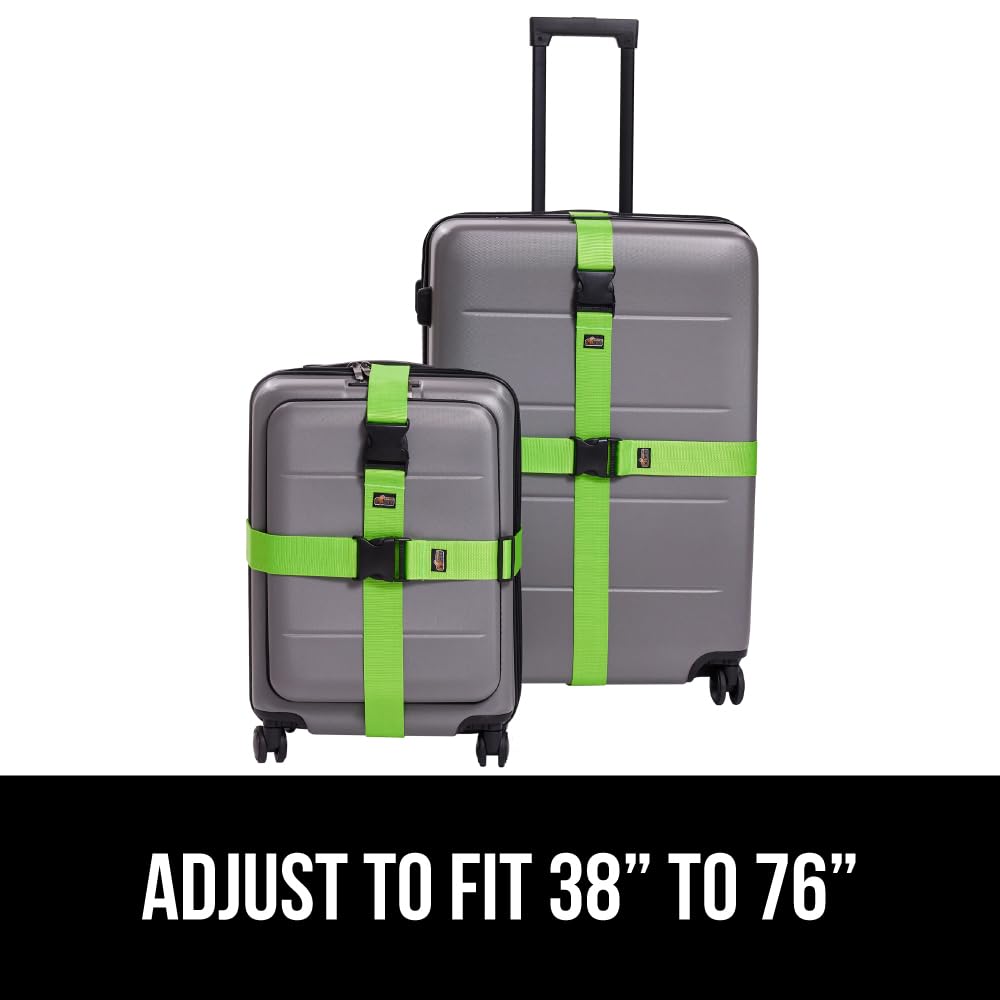 GORILLA GRIP Heavy Duty 4 Pack Adjustable Luggage Straps for Suitcases, Easy to Identify Travel Belt Connector Holds Suitcase Together, Extends Life of Bag, Strap Connects Two Bags, Accessories Green