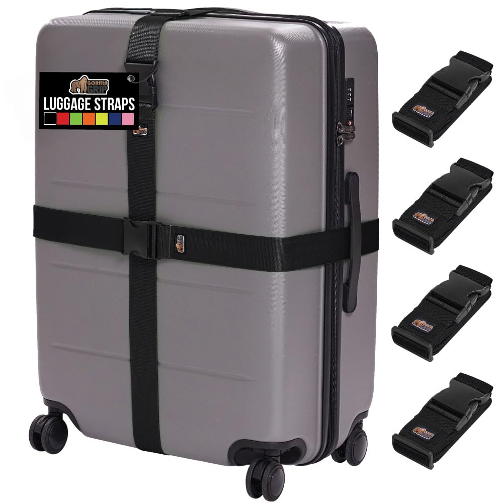 GORILLA GRIP Heavy Duty 4 Pack Adjustable Luggage Straps for Suitcases, Easy to Identify Travel Belt Connector Holds Suitcase Together, Extends Life of Bag, Strap Connects Two Bags, Accessories, Black