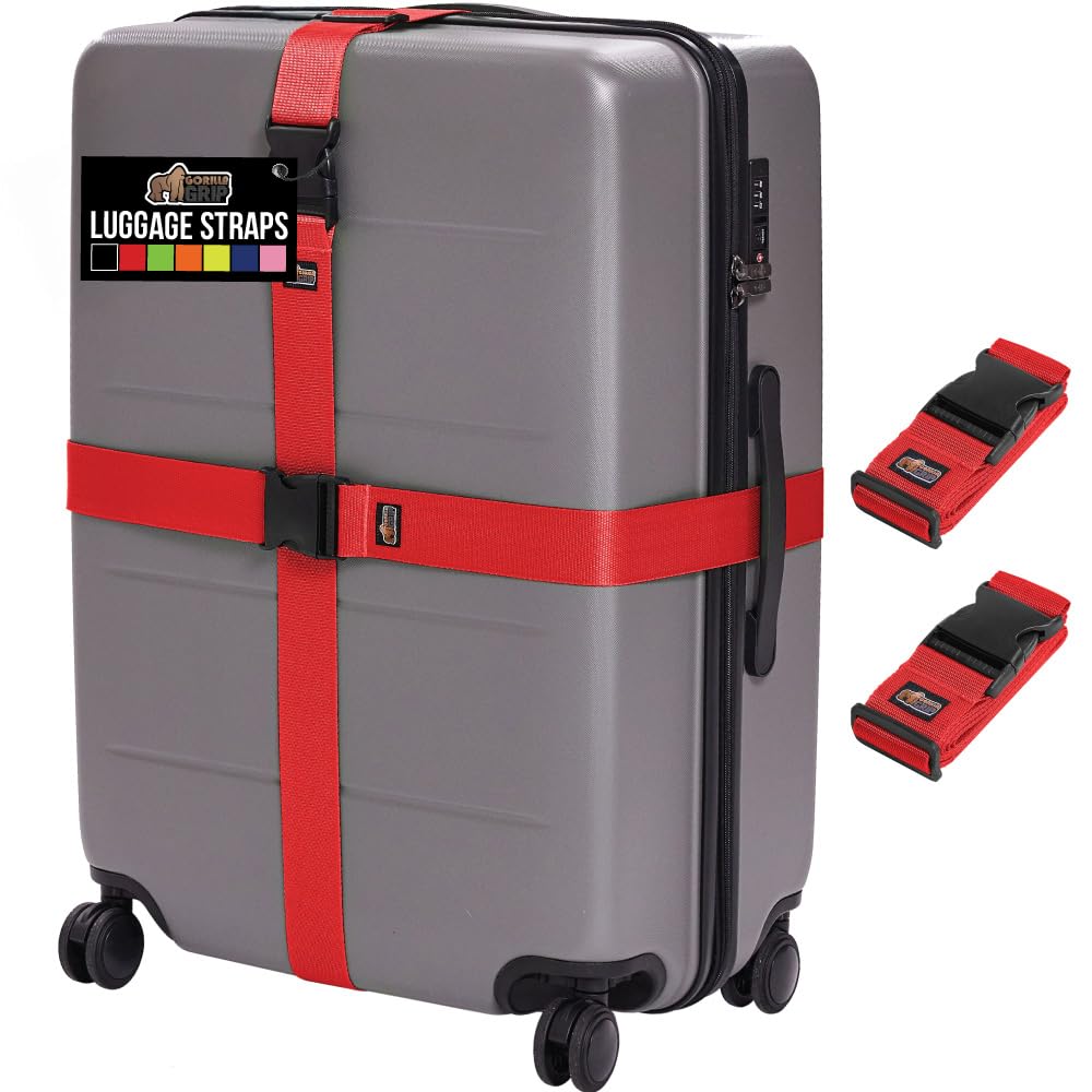 GORILLA GRIP Heavy Duty Adjustable Luggage Straps for Suitcases, Easy to Identify Travel Belt Connector Holds Suitcase Together, Extends Life of Bag, Strap Connects Two Bags, Accessories 2 Pack Red
