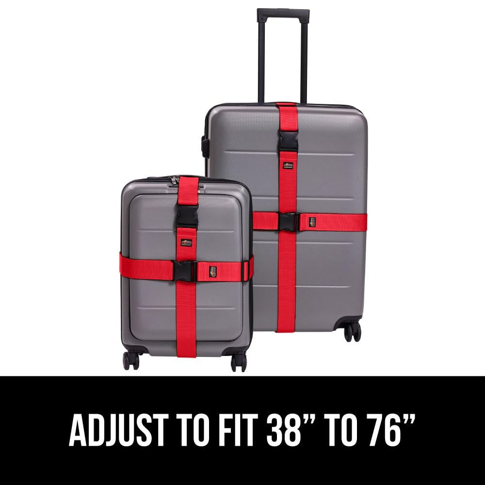 GORILLA GRIP Heavy Duty Adjustable Luggage Straps for Suitcases, Easy to Identify Travel Belt Connector Holds Suitcase Together, Extends Life of Bag, Strap Connects Two Bags, Accessories 2 Pack Red