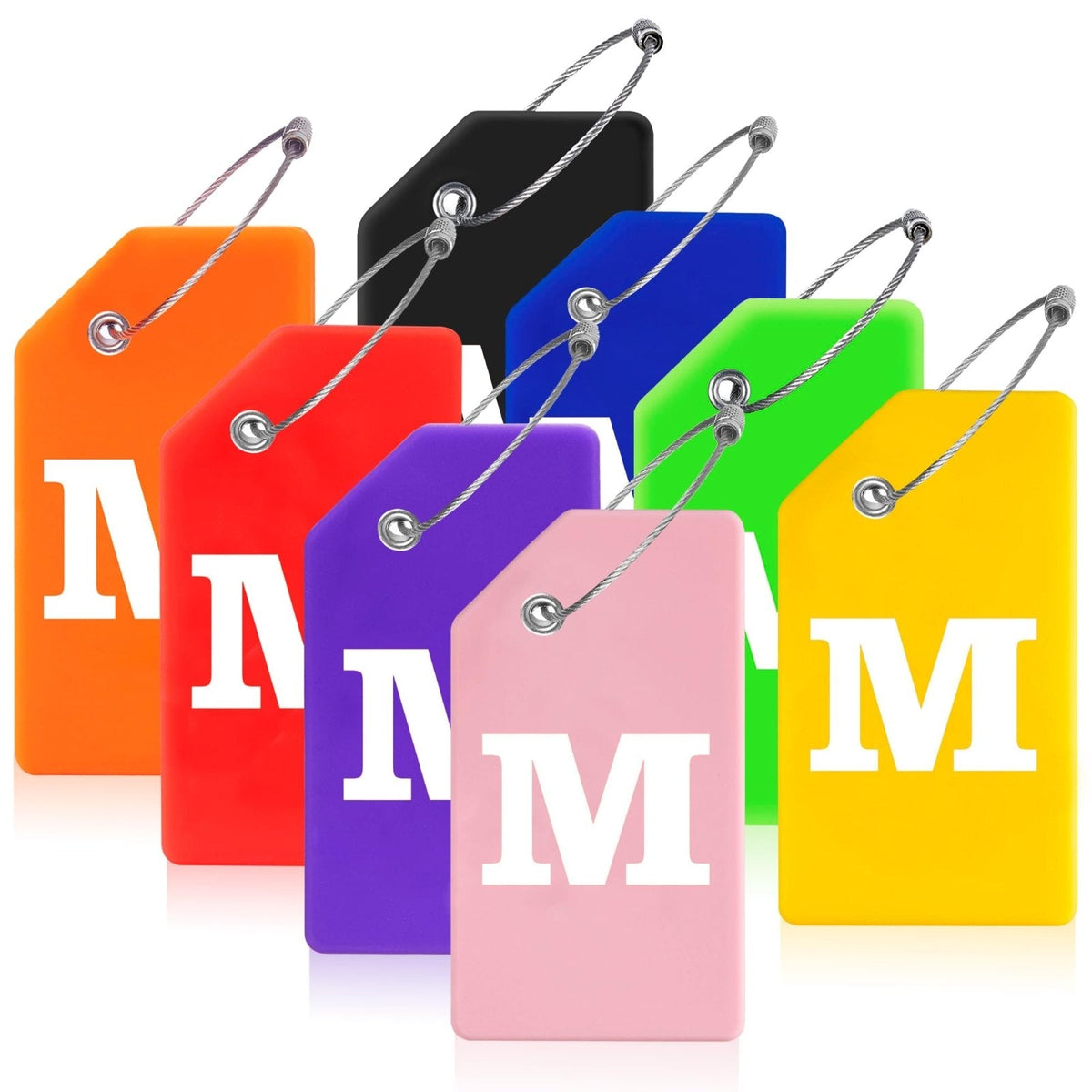 Gostwo 8 Pack Luggage Tags for Suitcases, 26 Initial Letter Travel Luggage Baggage Identification Labels ID Tags Fully Bendable Tags with Stainless Steel Loop (Letter M, Colorful)