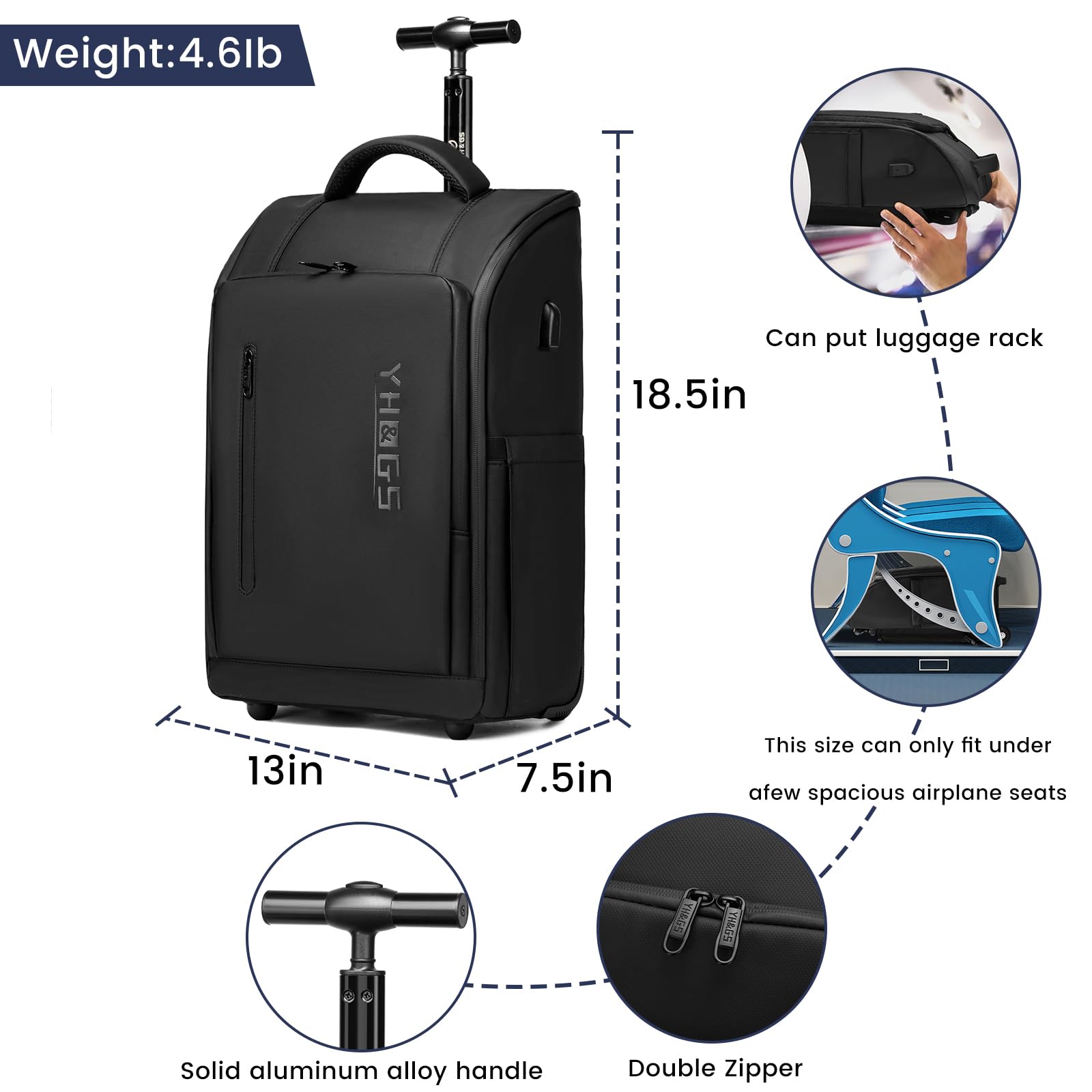 GOTECH Rolling Backpack with Wheels，Waterproof Wheeled Backpack with USB Ports, Travel Laptop Backpack for 15.6 - Inch Laptop, Carry - On Luggage for Business Travel College Work Bag