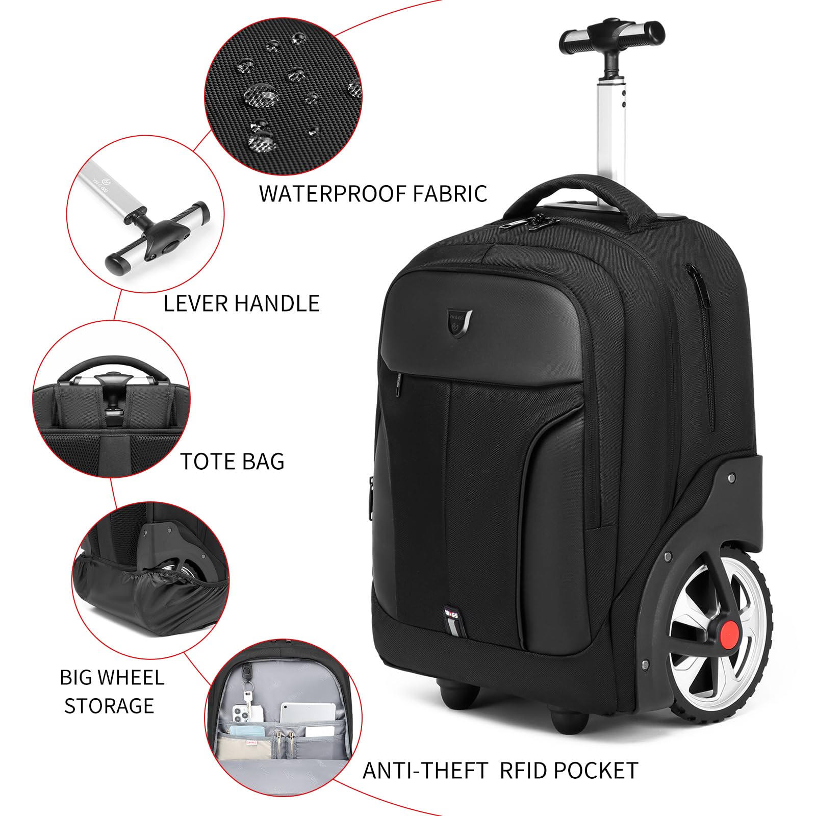 GOTECH Rolling Backpack,Waterproof Backpack with Wheels for Business and Travel Commuter, Carry on Backpack with Laptop Compartment, Fit 17 Inch Laptop, Wheeled Backpack for Adults