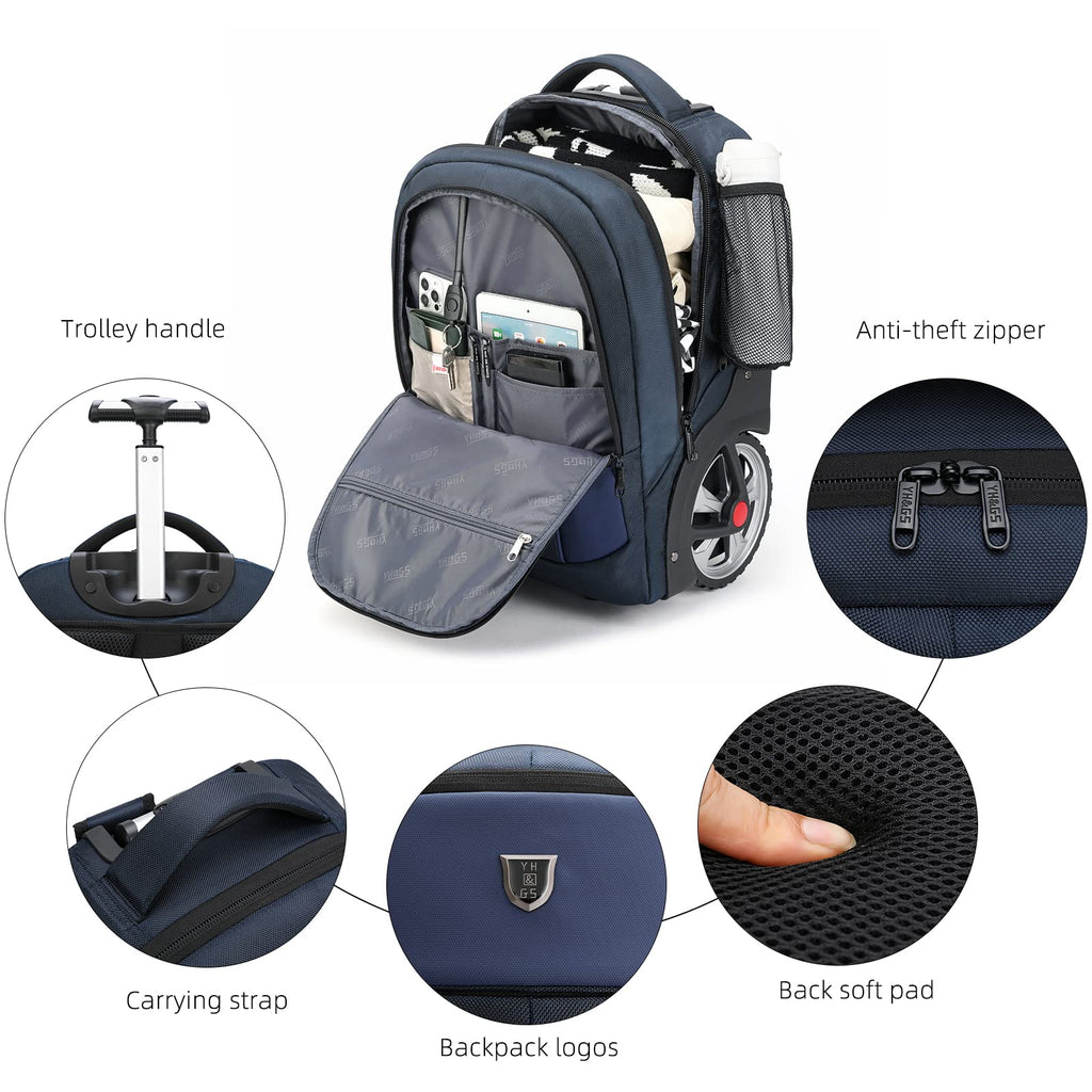 GOTECH Rolling Backpack,Waterproof Backpack with Wheels for Business and Travel Commuter, Carry on Backpack with Laptop Compartment, Fit 17 Inch Laptop, Wheeled Backpack for Adults