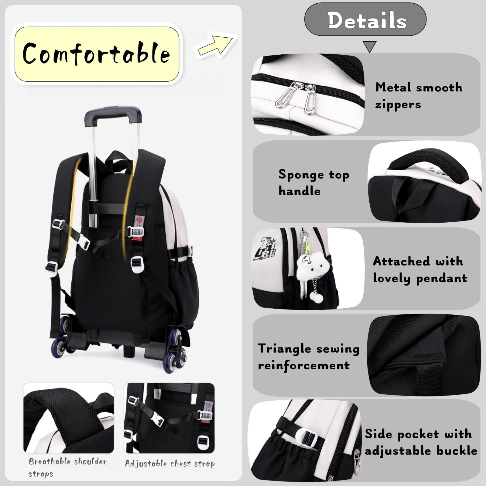 GRUOTEIS Girls Boys Rolling Backpack, Elementary Middle School Kids Bookbag Roller Backpack for Boys Girls with 2 Wheels, White