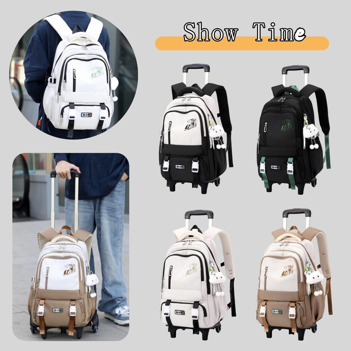 GRUOTEIS Girls Boys Rolling Backpack, Elementary Middle School Kids Bookbag Roller Backpack for Boys Girls with 2 Wheels, White
