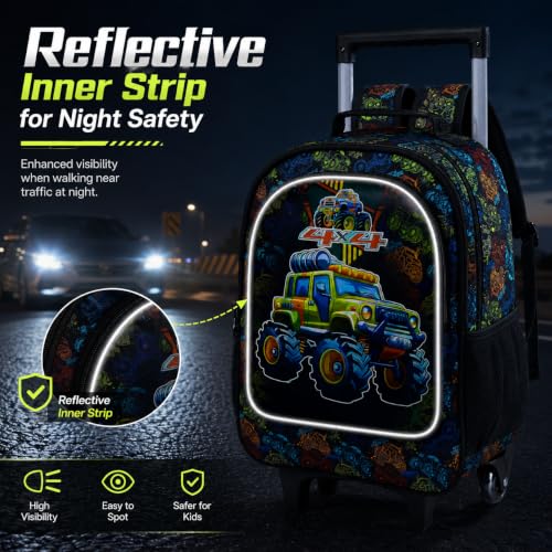 gxtvo Rolling Backpack for Boys, Roller Wheeled Bookbag - Wheeled Elementary School Bag - 3PCS Car