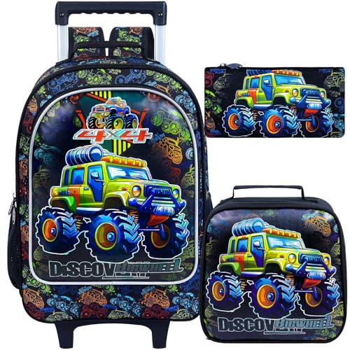gxtvo Rolling Backpack for Boys, Roller Wheeled Bookbag - Wheeled Elementary School Bag - 3PCS Car