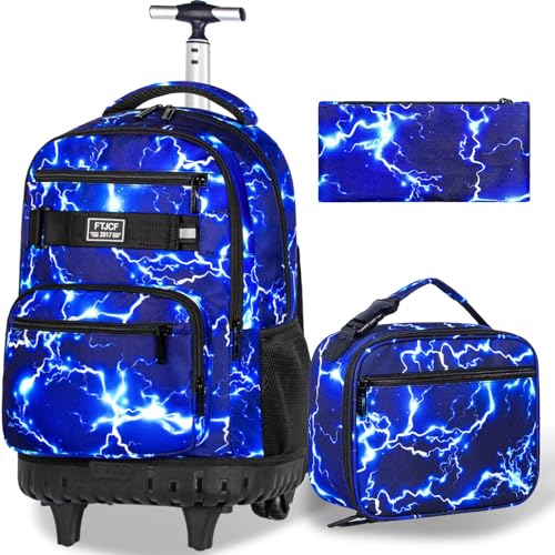gxtvo Rolling Backpack for Men, Wheeled Bookbag with Lunch Box for Adults, Kids Water Resistant Roller School Bag for College Teens Boys Travel - Lightning Blue