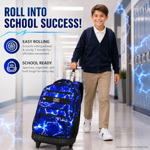 gxtvo Rolling Backpack for Men, Wheeled Bookbag with Lunch Box for Adults, Kids Water Resistant Roller School Bag for College Teens Boys Travel - Lightning Blue