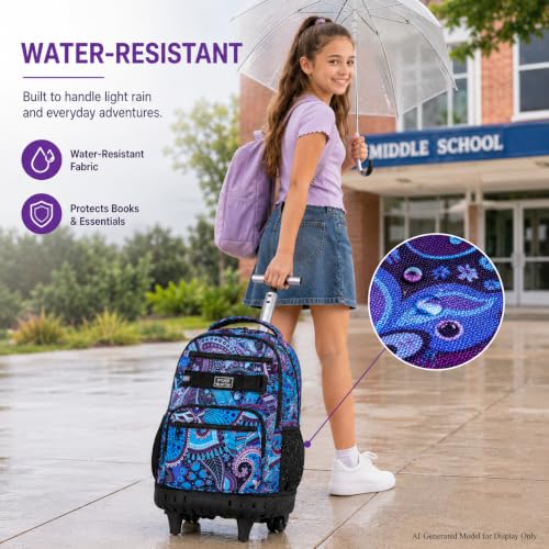 gxtvo Rolling Backpack for Women, Adults Wheeled Bookbag with Lunch Box for Girls, Water Resistant Roller School Bag for College Teens Kids Travel - Purple Flower