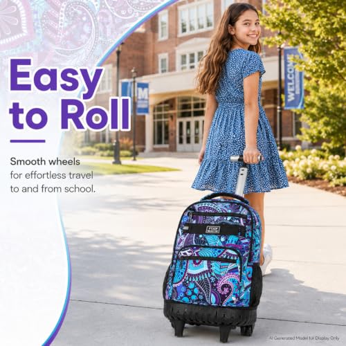 gxtvo Rolling Backpack for Women, Adults Wheeled Bookbag with Lunch Box for Girls, Water Resistant Roller School Bag for College Teens Kids Travel - Purple Flower