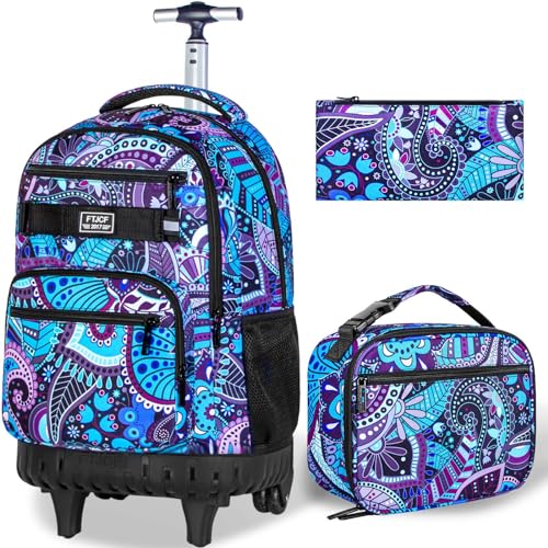 gxtvo Rolling Backpack for Women, Adults Wheeled Bookbag with Lunch Box for Girls, Water Resistant Roller School Bag for College Teens Kids Travel - Purple Flower