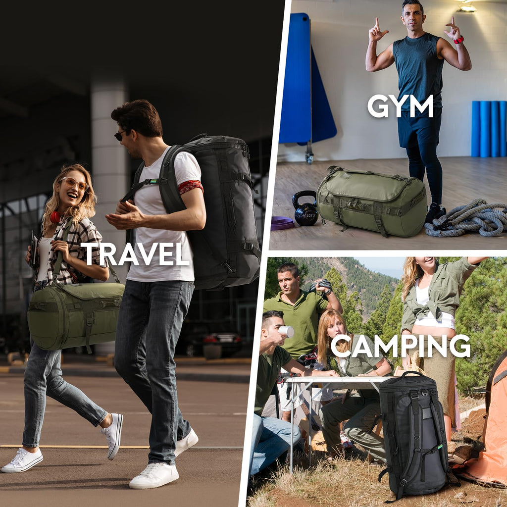 Haimont Large Duffle Backpack Bag for Men Travel, Heavy Duty Duffel Bags with Shoes Compartment for Long Trip, Camping, Water - resistant, 90L, Army Green
