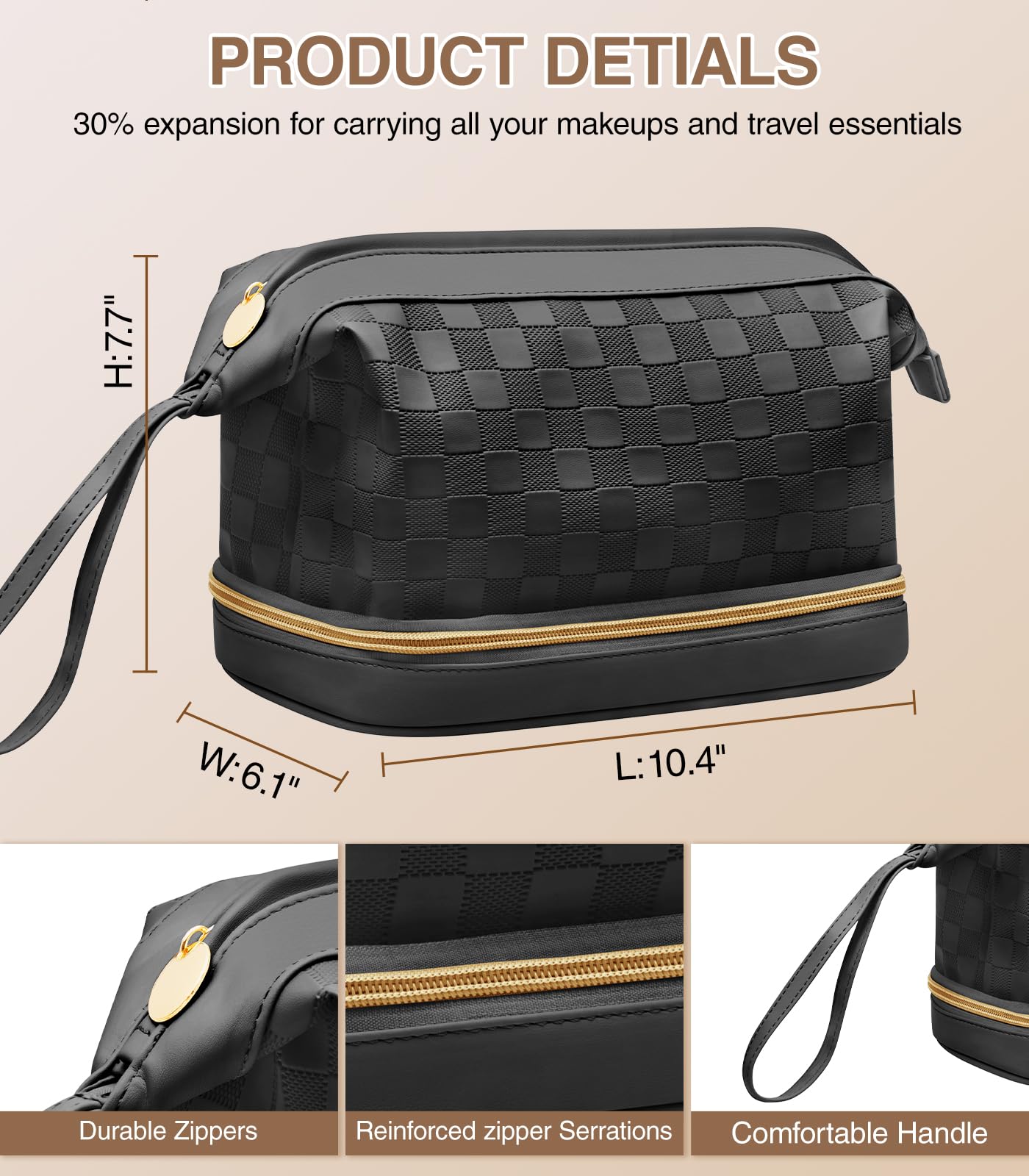 Hairao Toiletry Bag for Women, Large Makeup Bag with Double Layer Design, Waterproof Checkered Makeup Organizer Bag, PU Leather Cosmetic Travel Bag with Brush Compartment, Black