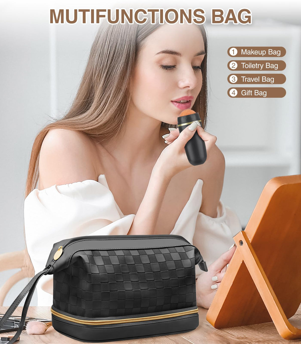 Hairao Toiletry Bag for Women, Large Makeup Bag with Double Layer Design, Waterproof Checkered Makeup Organizer Bag, PU Leather Cosmetic Travel Bag with Brush Compartment, Black