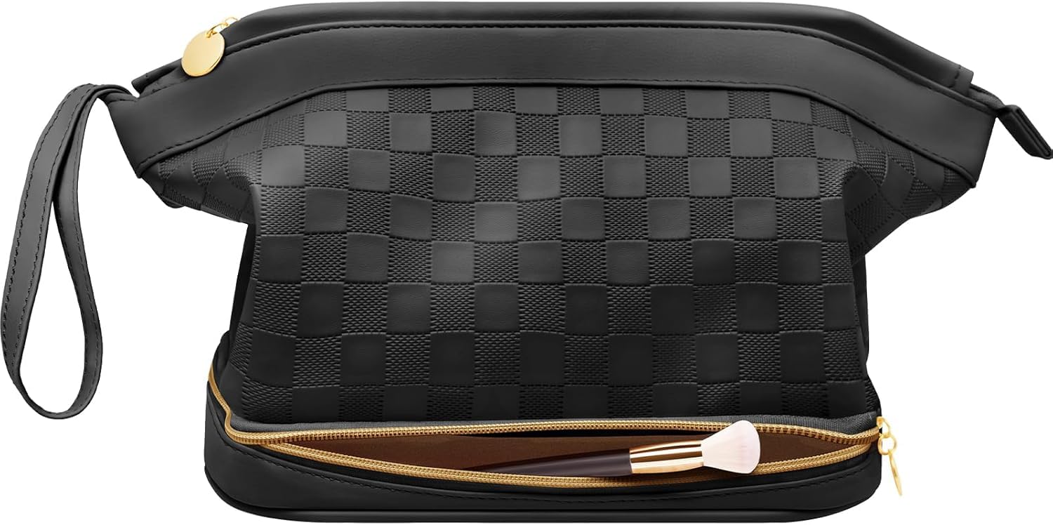 Hairao Toiletry Bag for Women, Large Makeup Bag with Double Layer Design, Waterproof Checkered Makeup Organizer Bag, PU Leather Cosmetic Travel Bag with Brush Compartment, Black