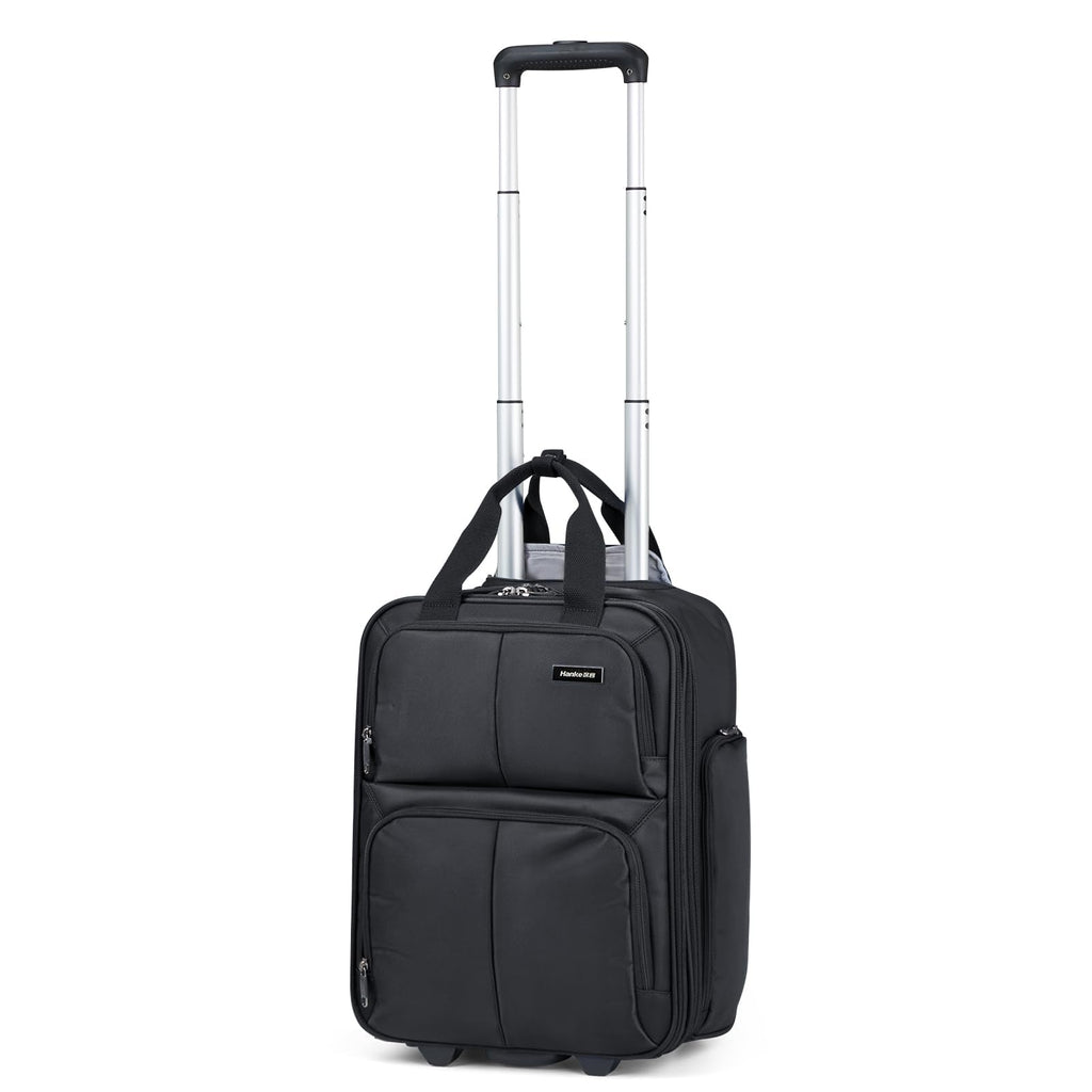 Hanke 16 Inch Underseat Carry On Luggage With Wheels, Small Rolling Suitcase Lightweight Under Seat Carry On Bag, Airline Approved Personal Item Overnight Softside Travel Luggage Bag,Black