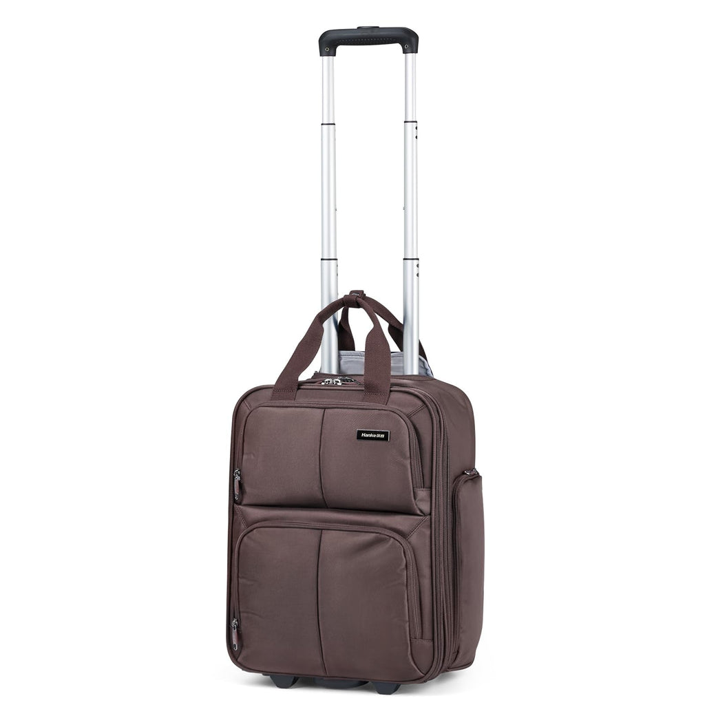 Hanke 16 Inch Underseat Carry On Luggage With Wheels, Small Rolling Suitcase Lightweight Under Seat Carry On Bag, Airline Approved Personal Item Overnight Softside Travel Luggage Bag,Coffee