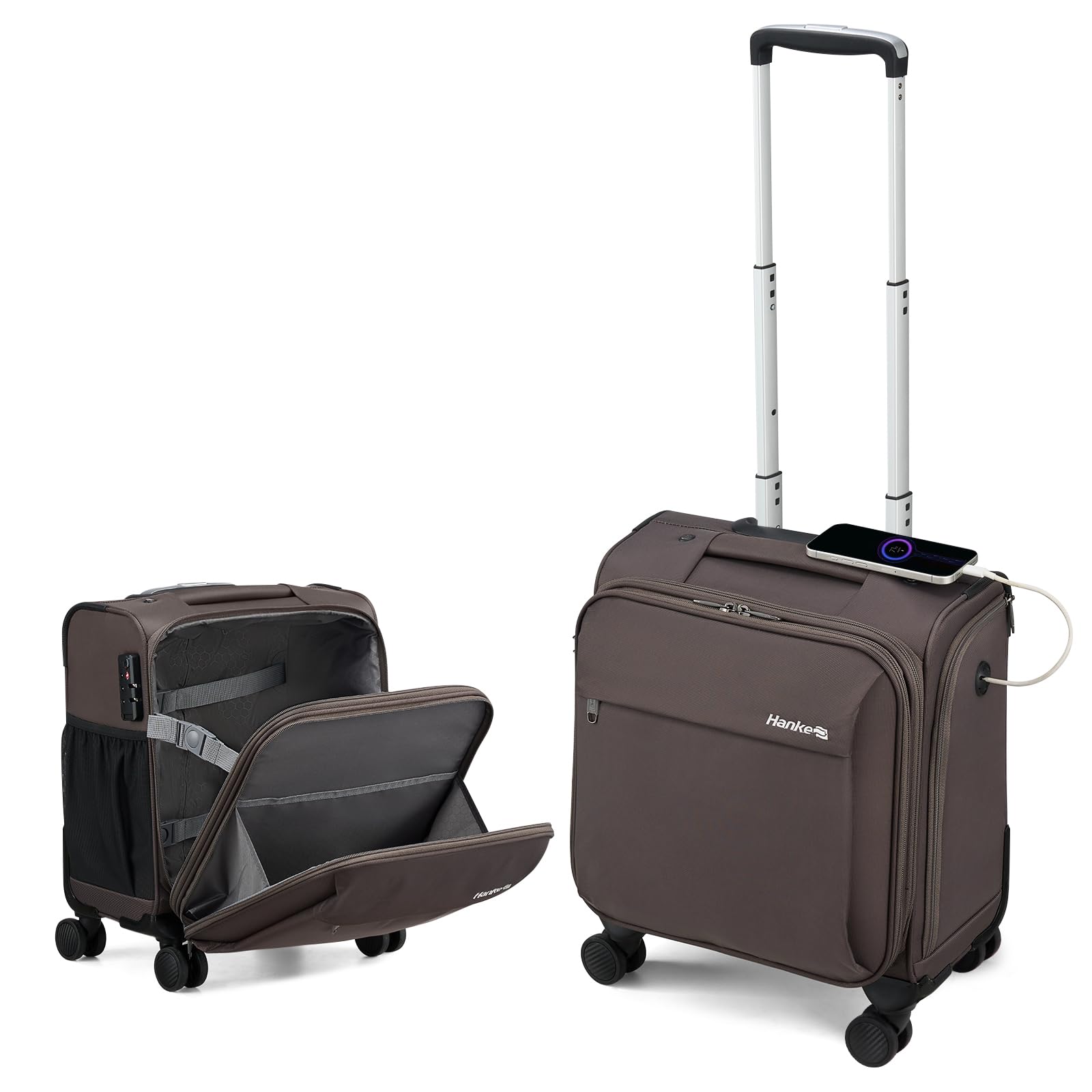 Hanke 16 Inch Underseat Carry On Luggage with Wheels Small Suitcase Softside Luggage Bags for Travel Lightweight Suitcases with Wheels Travel Luggage Personal Item for Men and Women.(Coffee)