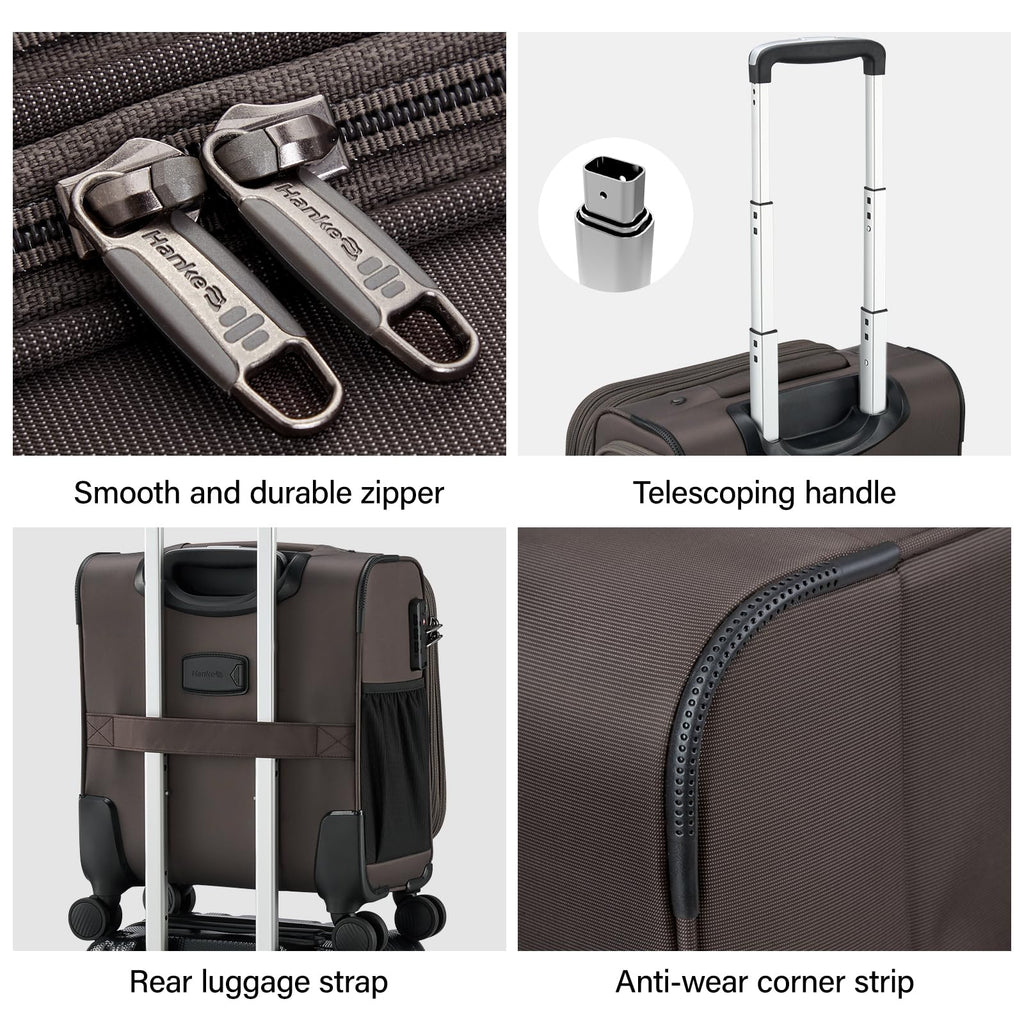 Hanke 16 Inch Underseat Carry On Luggage with Wheels Small Suitcase Softside Luggage Bags for Travel Lightweight Suitcases with Wheels Travel Luggage Personal Item for Men and Women.(Coffee)