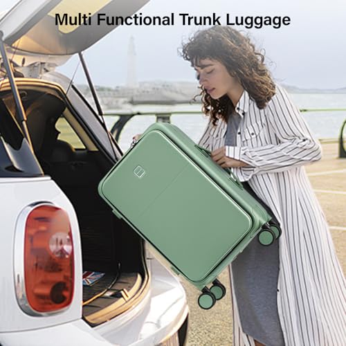 Hanke 20 Inch Carry On Luggage with Cup Holder and Charge,Top Opening Hard Shell Suitcases with Wheels and Dividers,Aluminum Frame Trunk Luggage Small Suitcase with Lock for Travel,Forest Green