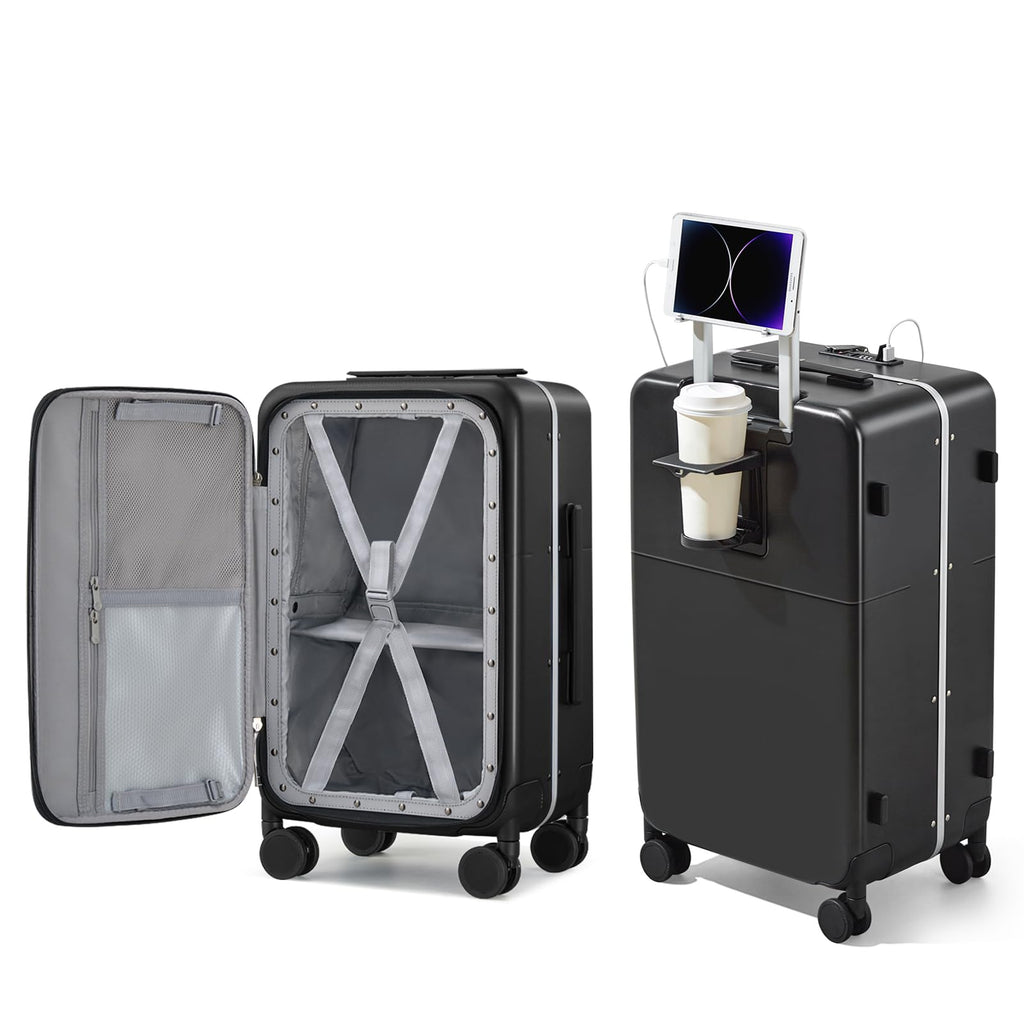 Hanke 20 Inch Carry On Luggage with Cup Holder and Charge,Top Opening Hard Shell Suitcases with Wheels and Dividers,Aluminum Frame Trunk Luggage Small Suitcase with Lock for Travel,Jet Black