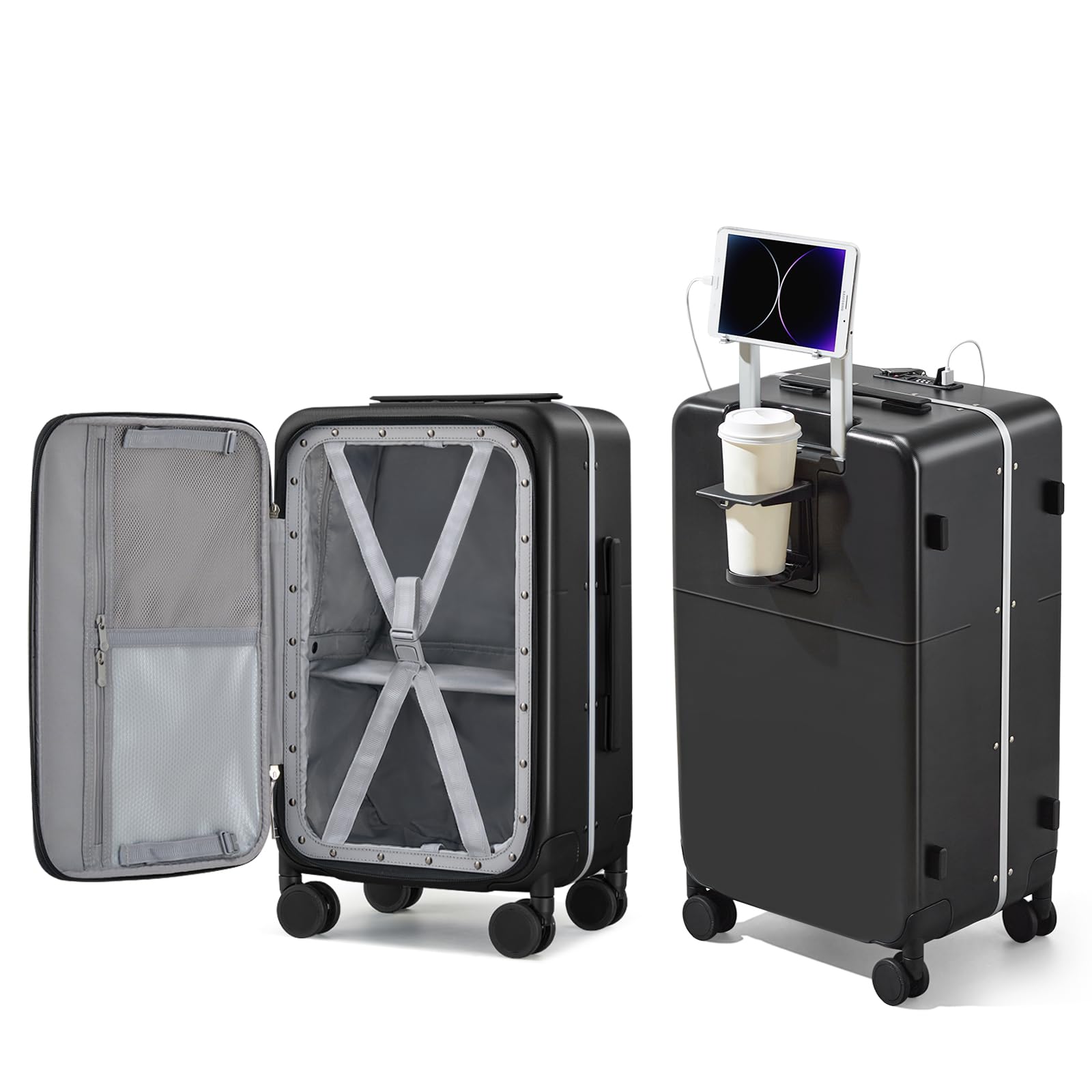 Hanke 20 Inch Carry On Luggage with Cup Holder and Charge,Top Opening Hard Shell Suitcases with Wheels and Dividers,Aluminum Frame Trunk Luggage Small Suitcase with Lock for Travel,Jet Black