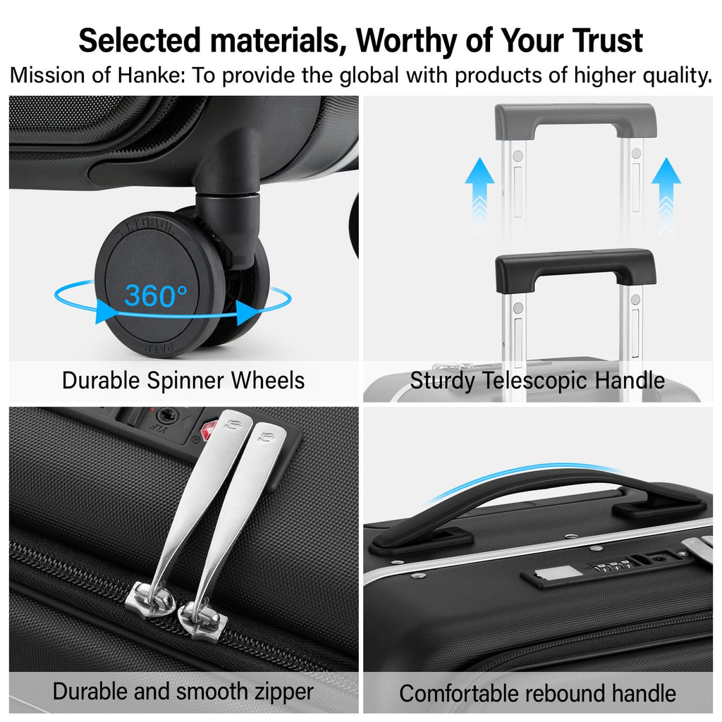 Hanke 20 Inch Carry On Luggage with Cup Holder and Charge,Top Opening Hard Shell Suitcases with Wheels and Dividers,Aluminum Frame Trunk Luggage Small Suitcase with Lock for Travel,Jet Black