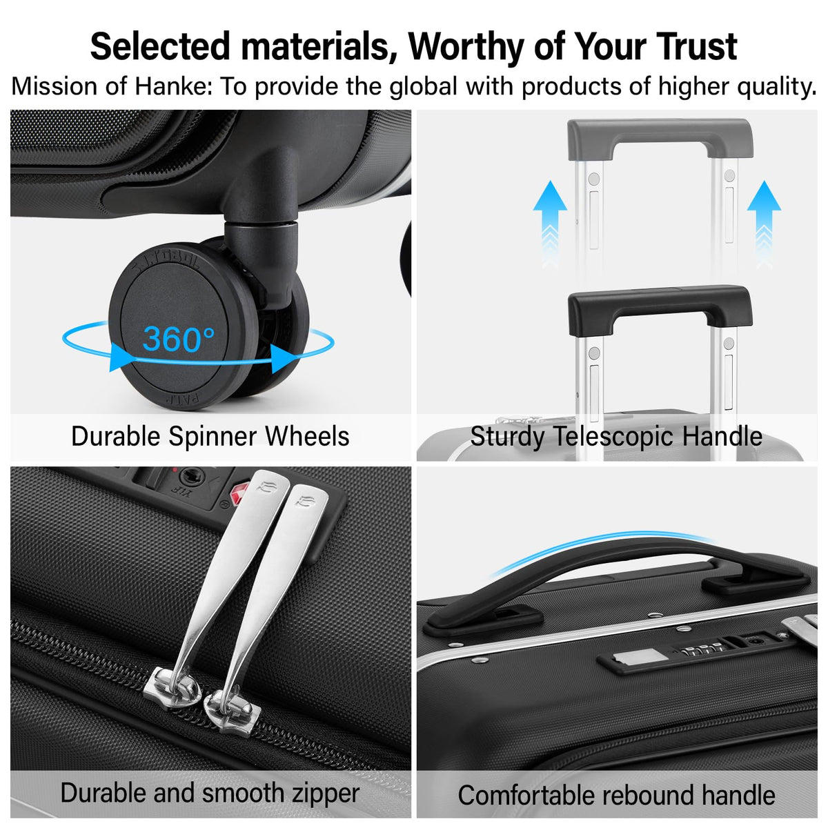 Hanke 20 Inch Carry On Luggage with Cup Holder and Charge,Top Opening Hard Shell Suitcases with Wheels and Dividers,Aluminum Frame Trunk Luggage Small Suitcase with Lock for Travel,Jet Black