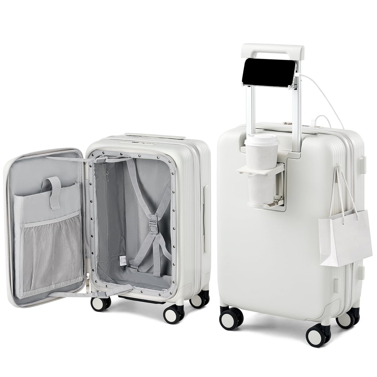 Hanke 20 Inch Expandable Carry On Luggage Airline Approved Top Opening Travel Luggage Rolling Suitcase with Cup Holder Hard Shell Suitcases with Wheels (Smoke White)