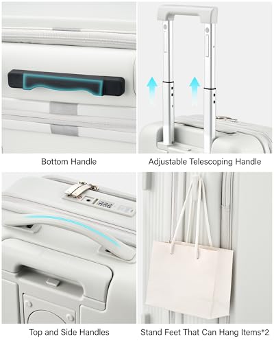 Hanke 20 Inch Expandable Carry On Luggage Airline Approved Top Opening Travel Luggage Rolling Suitcase with Cup Holder Hard Shell Suitcases with Wheels (Smoke White)