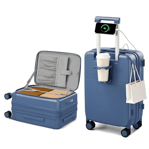 Hanke 20 Inch Expandable Carry On Luggage with Cup Holder 22x14x9 Airline Approved, Top Opening Hard Shell Suitcases with Wheels, Carry-On Travel Suitcase Trunk Luggage with Lock, Interstellar Blue