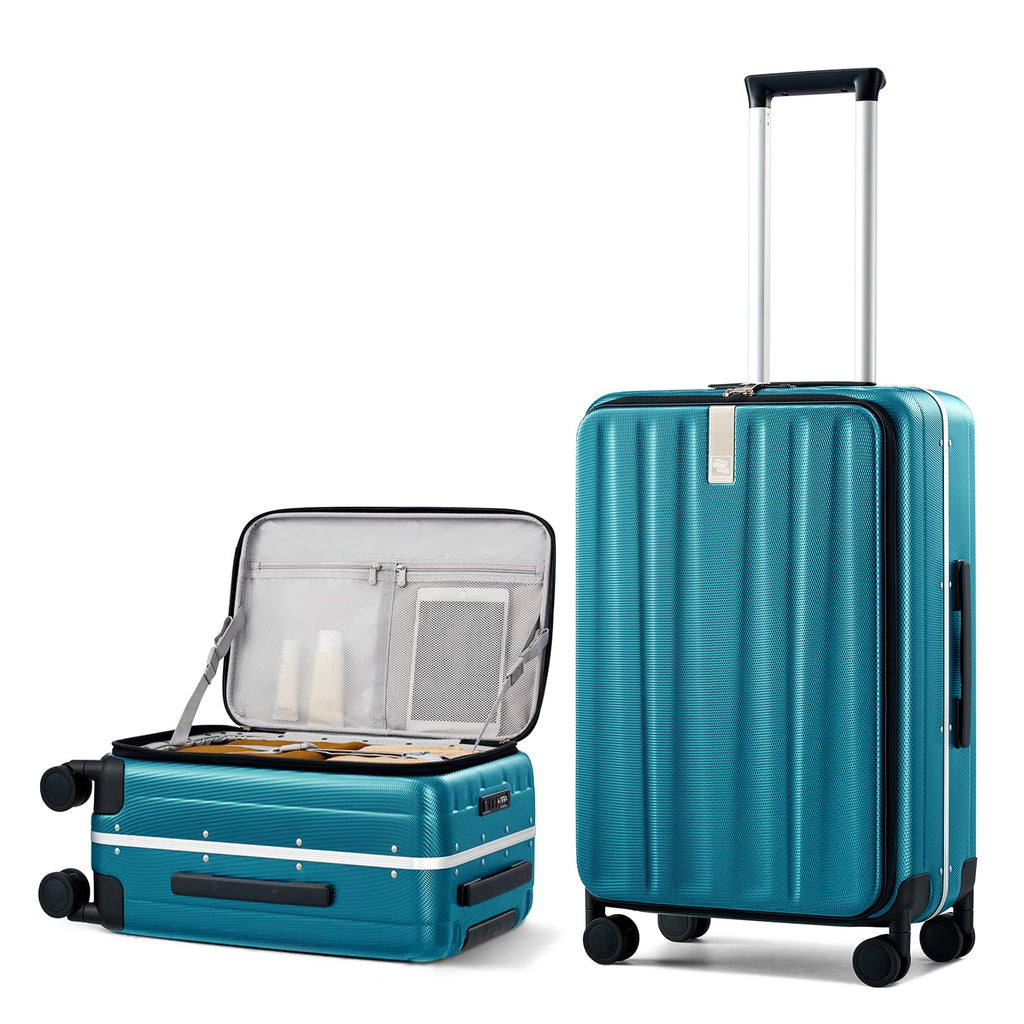 Hanke 24 Inch Checked Luggage Hard Shell Top Opening Aluminum Frame Hardside Medium Suitcase with Spinner Wheels, Durable Rolling Luggage for Men & Women Travel, Caribbean Blue