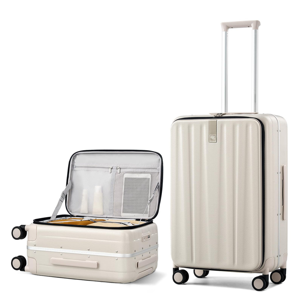 Hanke 24 Inch Checked Luggage PC Hard Case Luggage Top Opening Aluminum Frame Travel Luggage Suitcases with Wheels for Woman Men.(Ivory white)