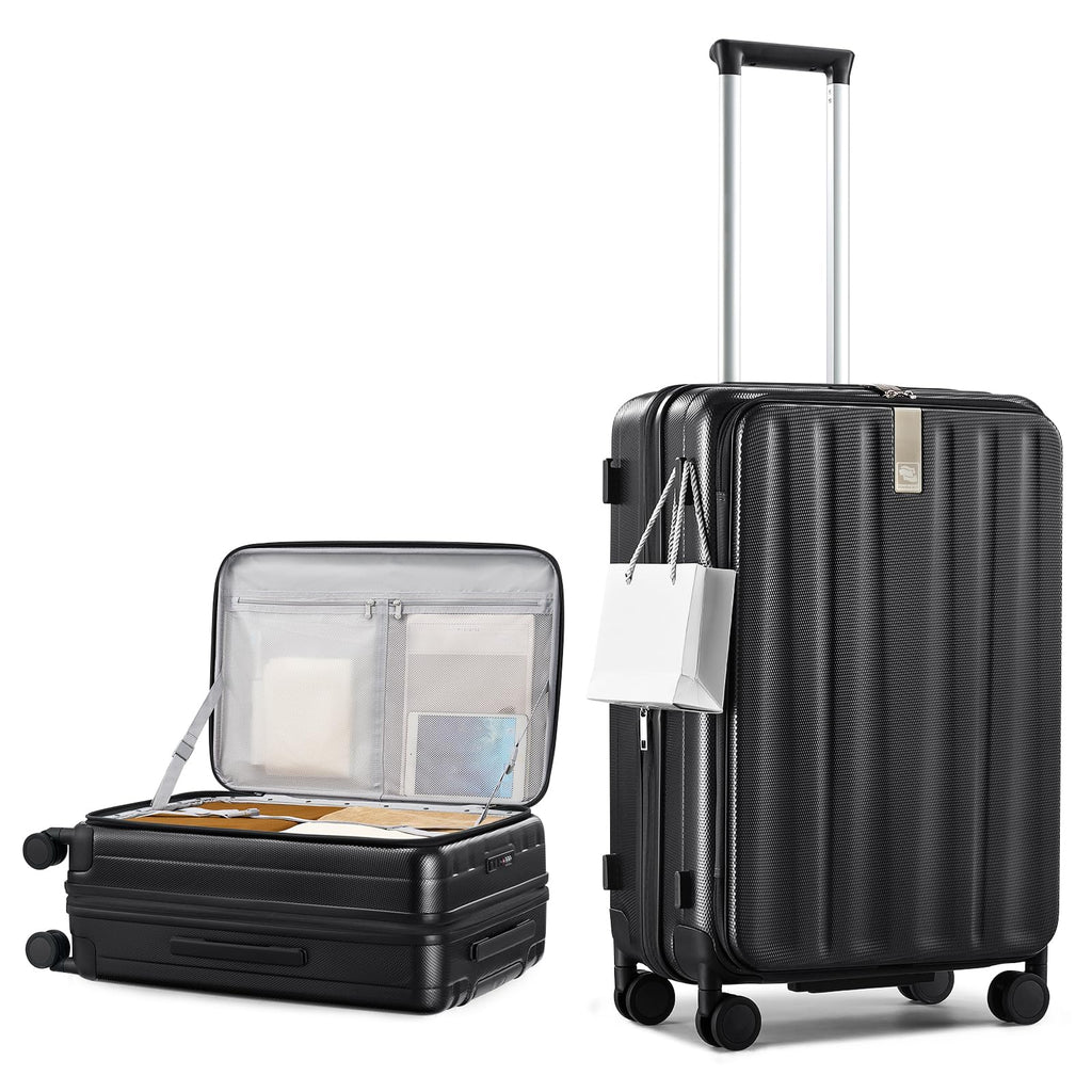 Hanke 24 Inch Expandable Luggage Top Opening Checked Bag Luggage Hard Shell Suitcases with Wheels Lightweight Travel Luggage Medium Suitcase with Lock for Woman Men-Jet Black