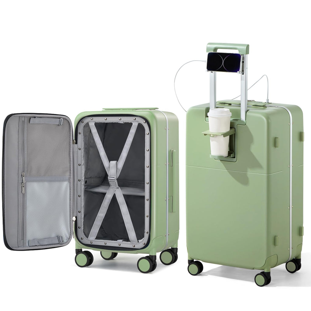 Hanke 24 Inch Luggage with Cup Holder and Charge,Top Opening Hard Shell Suitcases with Wheels and Dividers,Aluminum Frame Trunk Luggage Medium Checked Suitcase with Lock for Travel，Bamboo Green