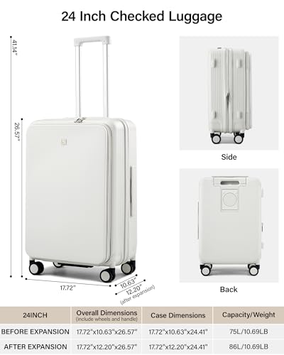 Hanke 24Inch Expandable Luggage Top Opening Medium Checked Luggage Hard Shell Suitcases with Wheels Travel Luggage Rolling Suitcase with Cup Holder(Smoke White)