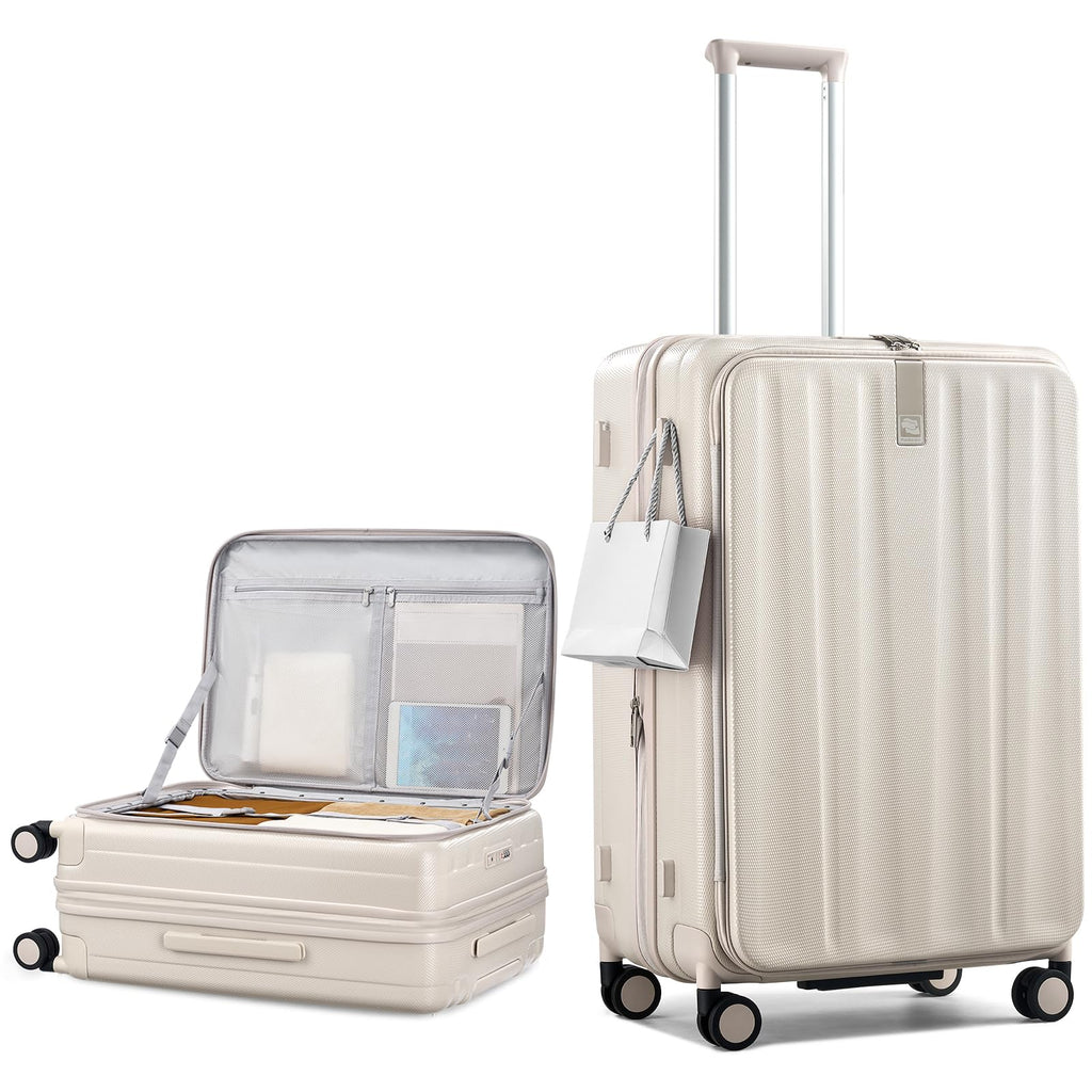 Hanke 26 Inch Expandable Luggage Top Opening Checked Bag Luggage Hard Shell Suitcases with Wheels Lightweight Travel Luggage Heavy Duty Luggage Suitcase with Lock for Woman Men-Ivory White