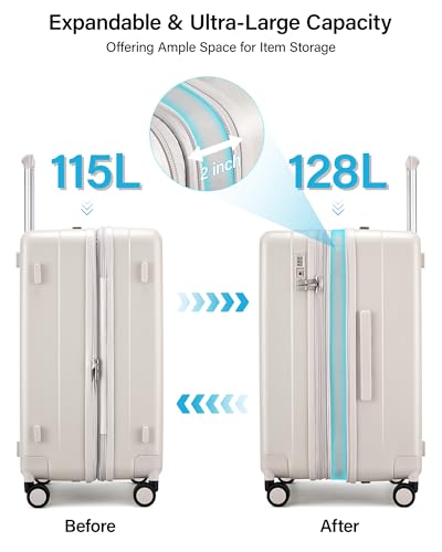Hanke 29 Inch Plus Expandable Luggage Large Suitcases with Wheels,Checked Luggage Hard Shell Suitcases, PC Trunk Luggage Extra Large Suitcase with Lock for Women Men(Ivory White)