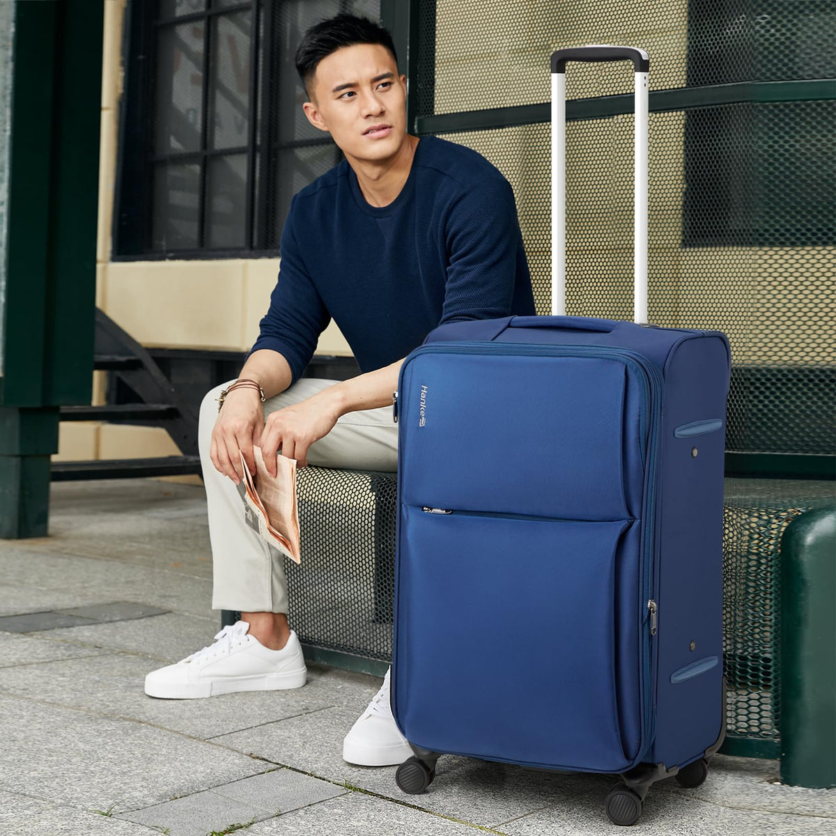 Hanke 3 Piece Luggage Sets Softside Expandable Carry On Luggage Set Travel Suitcase Sets with Spinner Wheels TSA Approved Luggage(Blue, 20in/24in/28in)