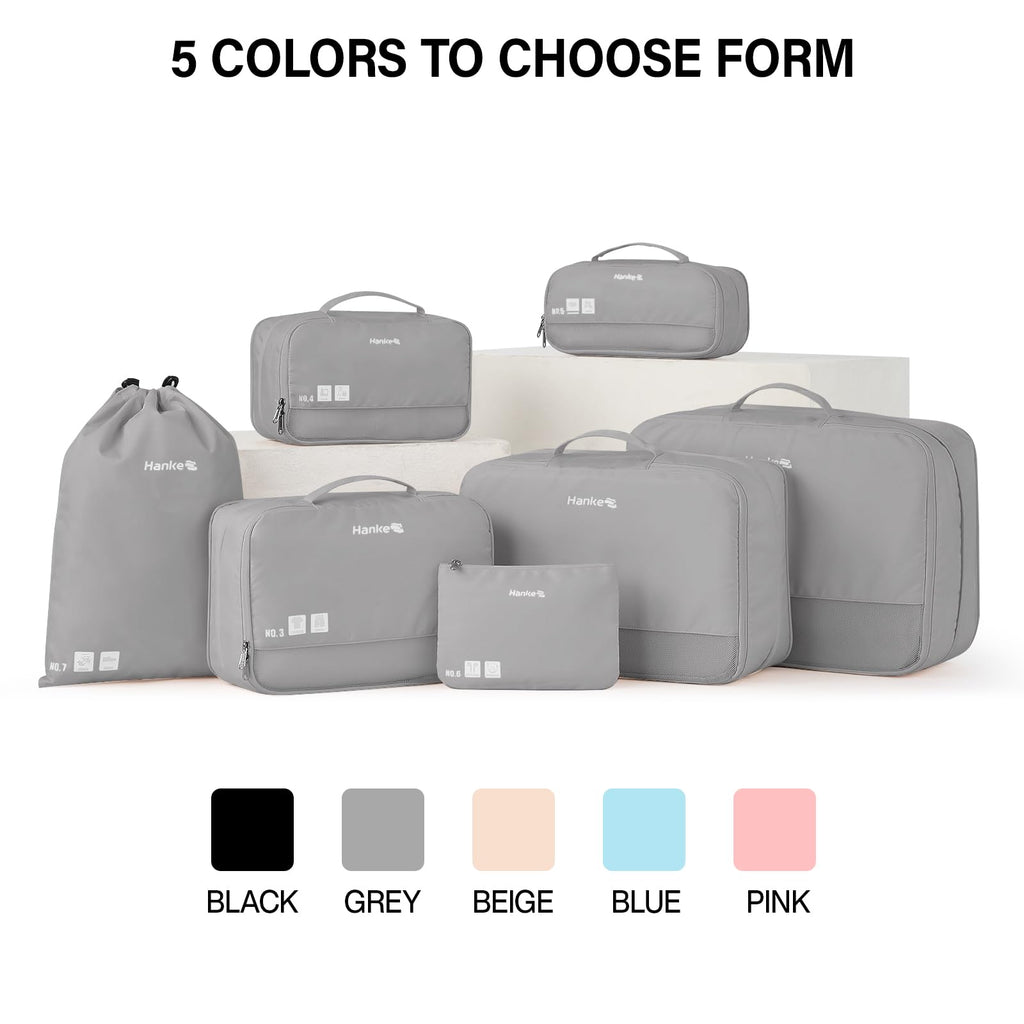 Hanke 7 Set Compression Packing Cubes for Travel, Expandable Large Packing Cubes for Suitcases and Backpack, Luggage Packing Organizer Bags with Double Zipper as Travel Essentials,Light Grey