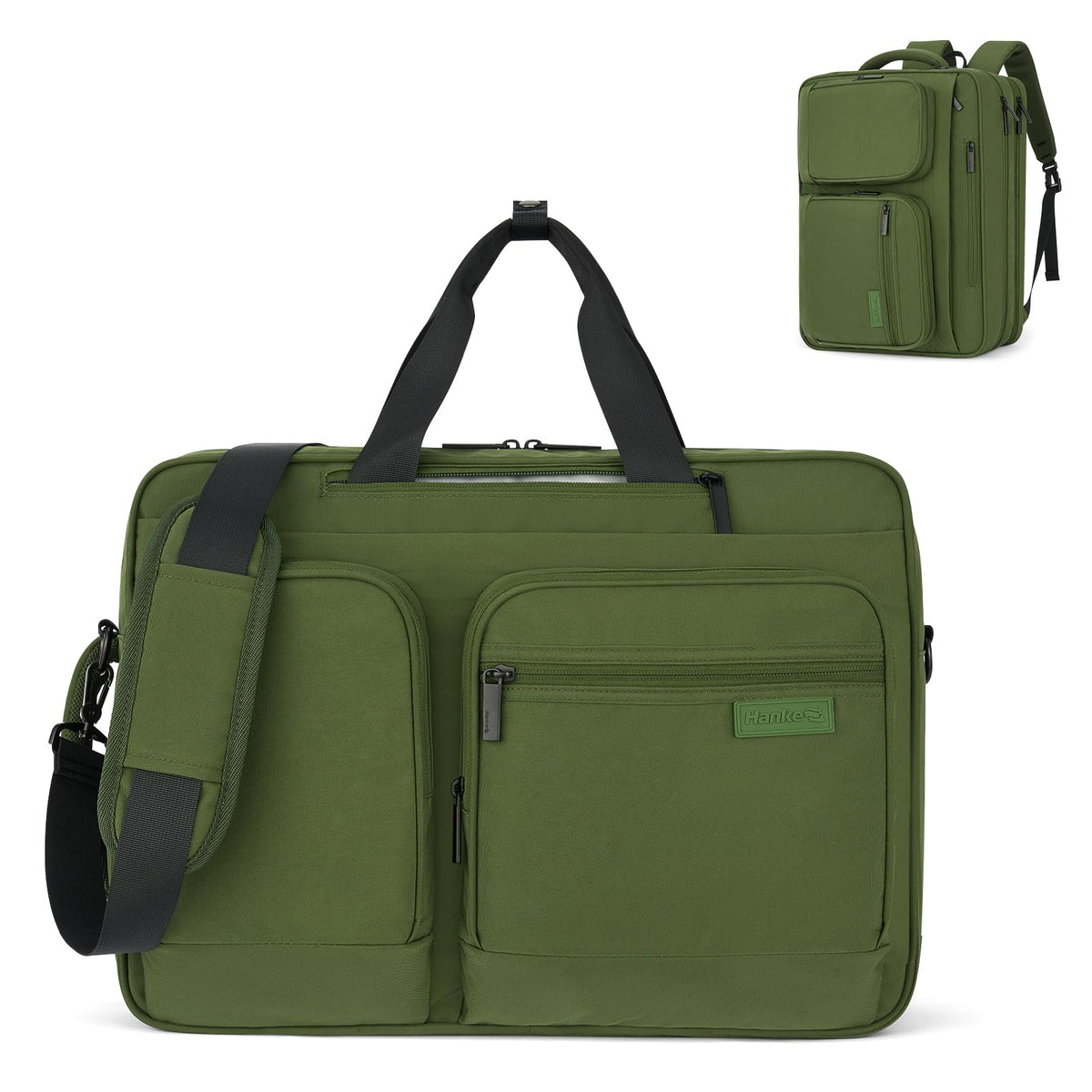 Hanke Convertible Laptop Bag, 3 In 1 Briefcase Backpack 17.3 Inch Computer Bag for Men Women, Travel Laptop Briefcase Messenger Bag, Underseat Carry On Personal Item, Pine Green