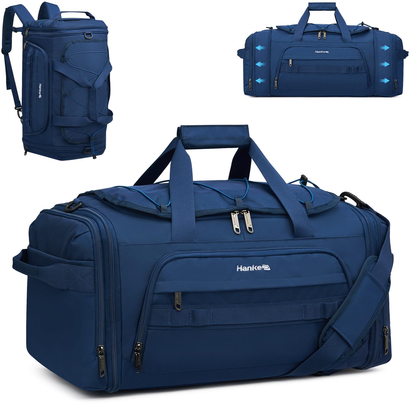 Hanke Duffle Bag for Travel, Dual Expandable 45L-55L Carry On Duffel, 3 In 1 Weekender Tote, Water Resistant Overnight Bag with 15.6" Compartment for Men Women, Blue
