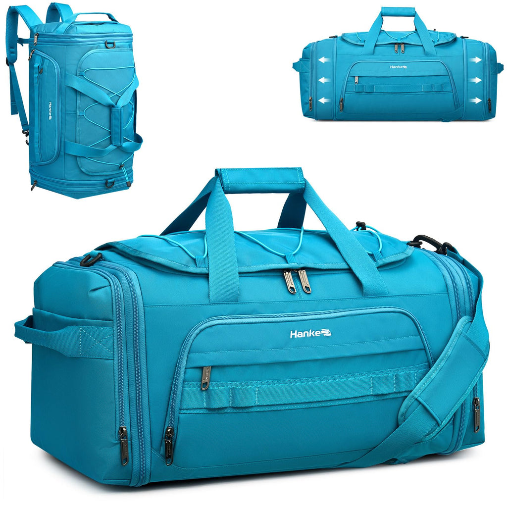 Hanke Duffle Bag for Travel, Dual Expandable 45L-55L Carry On Duffel, 3 In 1 Weekender Tote, Water Resistant Overnight Bag with 15.6" Compartment for Men Women, Caribbean Blue