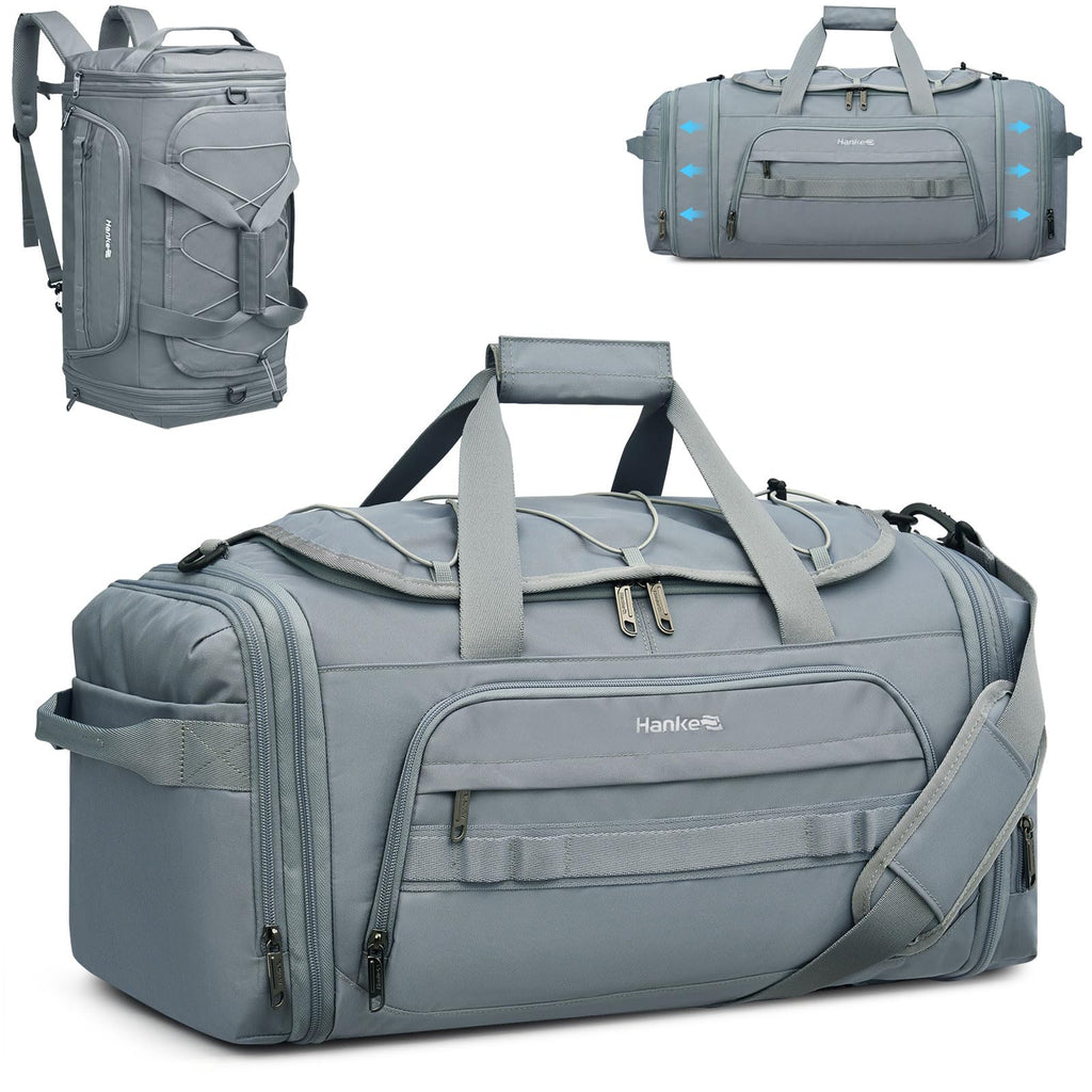 Hanke Duffle Bag for Travel, Dual Expandable 45L-55L Carry On Duffel, 3 In 1 Weekender Tote, Water Resistant Overnight Bag with 15.6" Compartment for Men Women, Grey