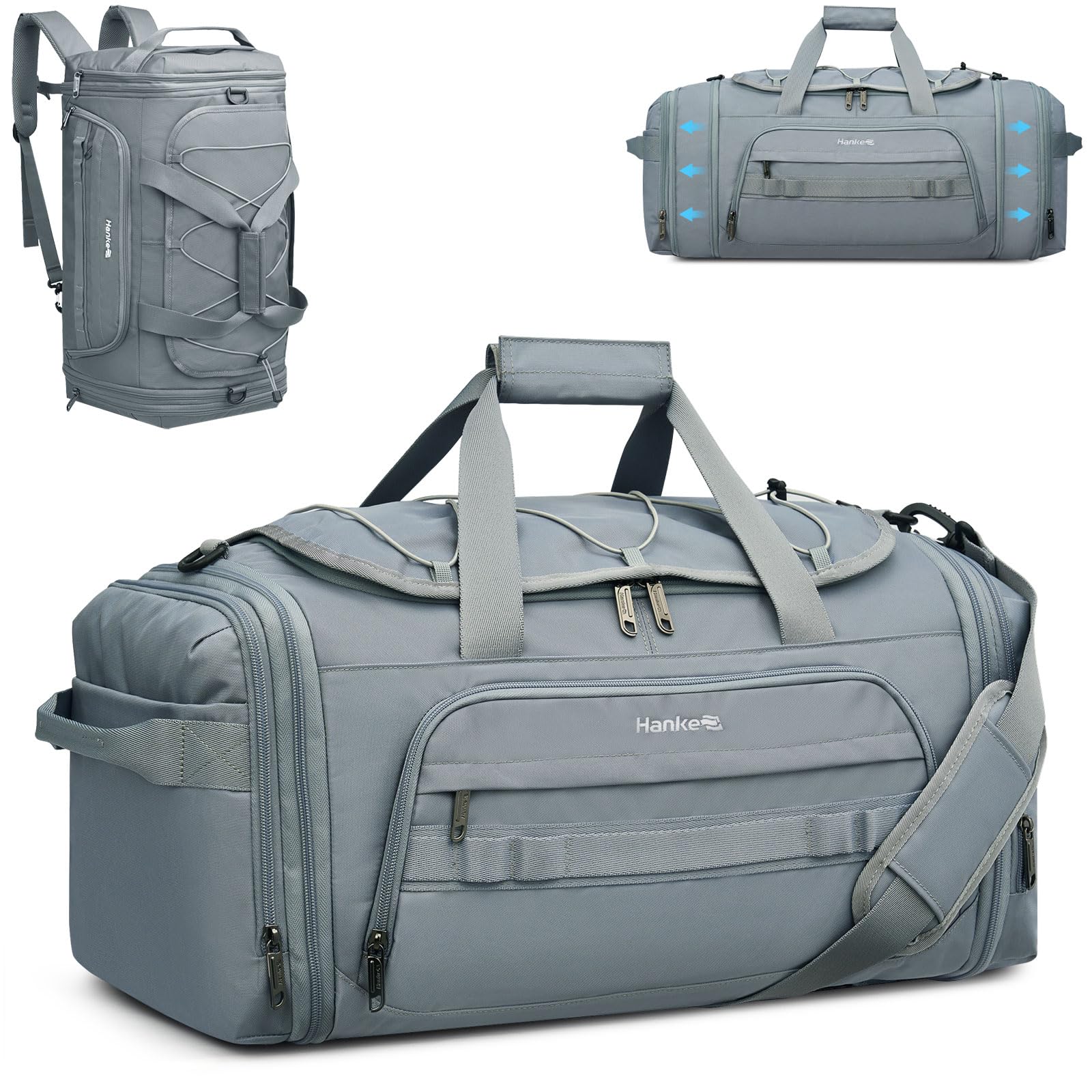 Hanke Duffle Bag for Travel, Dual Expandable 45L-55L Carry On Duffel, 3 In 1 Weekender Tote, Water Resistant Overnight Bag with 15.6" Compartment for Men Women, Grey