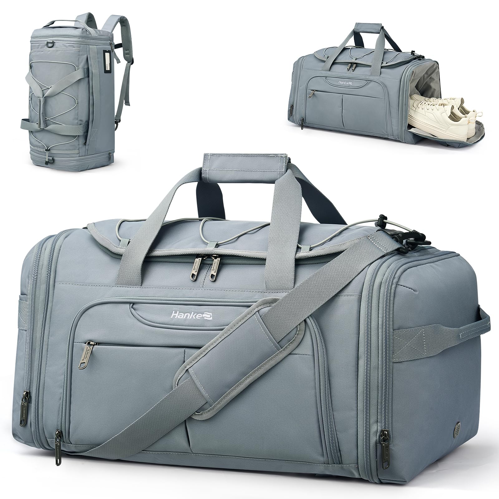 Hanke Expandable Carry On Luggage Bag,3 in 1 Duffle Bag for Travel,45L-55L Weekender Overnight Bag with 15.6" Compartment for Women & Men (Grey)