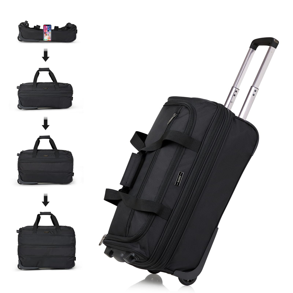 Hanke Expandable Carry On Luggage Suitcases with Wheels Foldable Duffle Bag for Travel Carry On suitcase Weekend Bag for Women Men（Black）